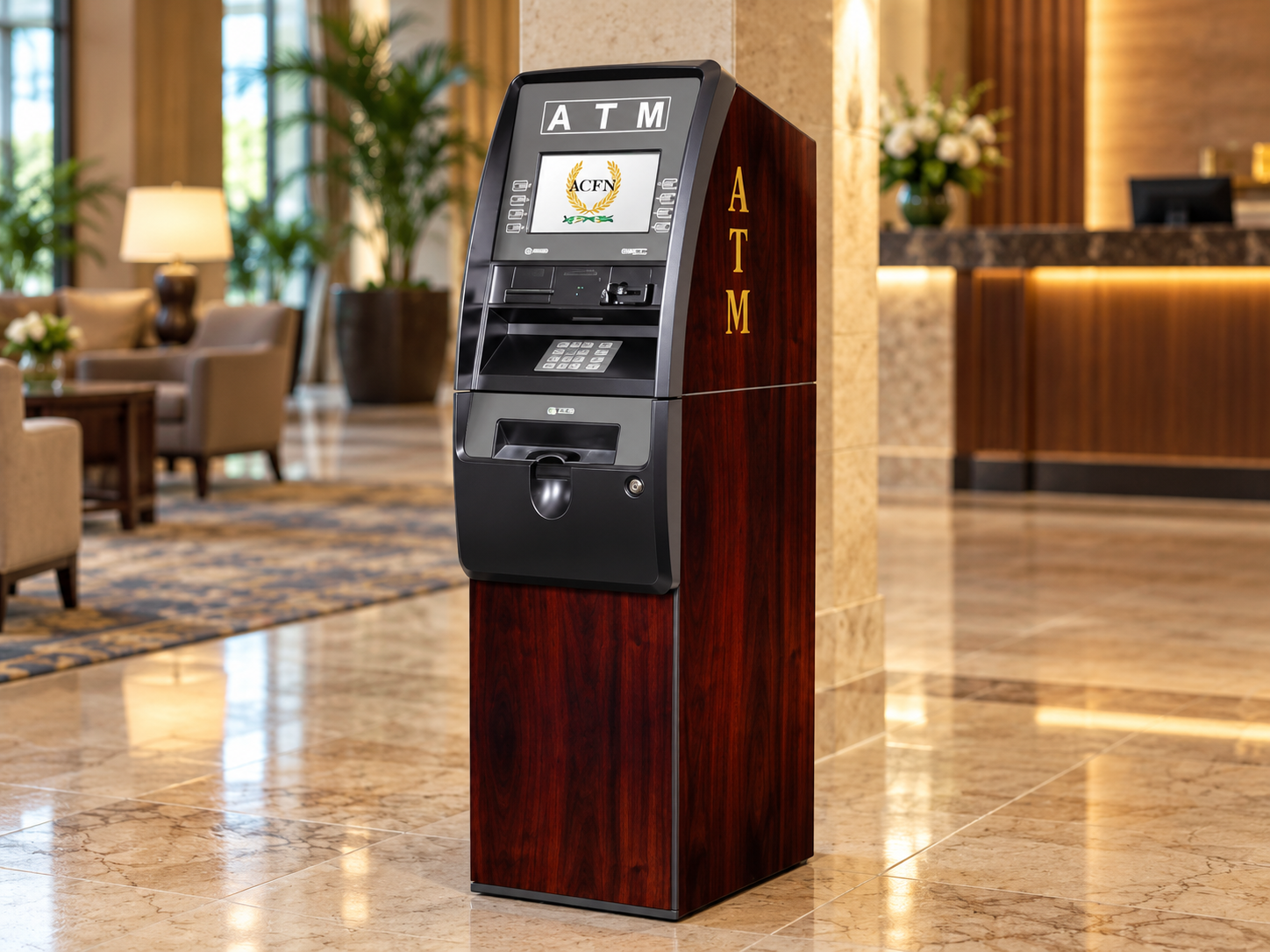 Concept image of a dark wood ATM in a hotel lobby